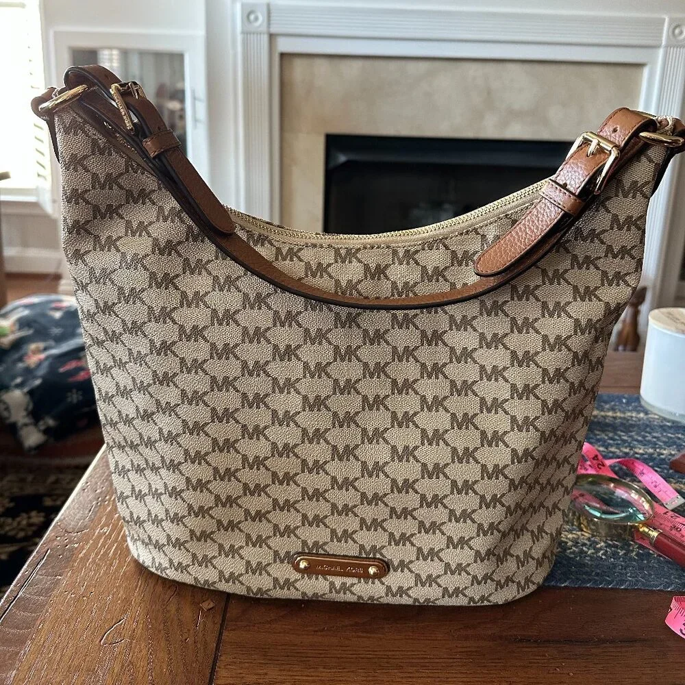 Michael Michael Kors Signature Hobo Shoulder bag beige with brown leather - Picture 2 of 7